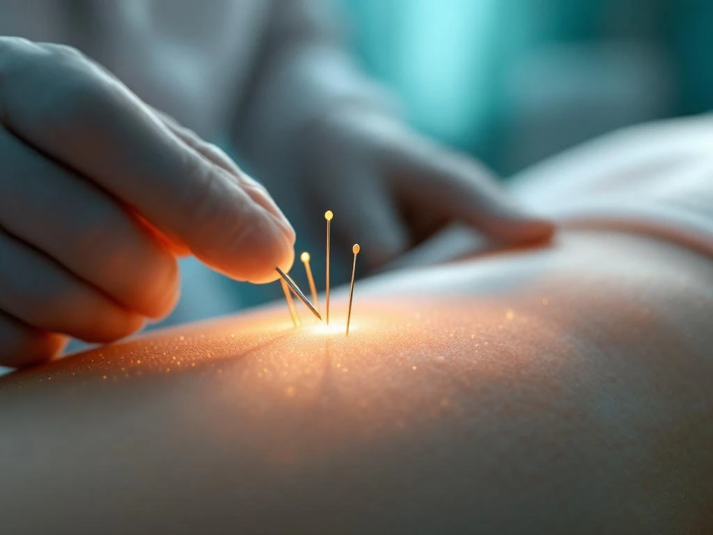 Acupunctuurnaalden nauwkeurig geplaatst in heupgebied tijdens medische behandeling in klinische omgeving