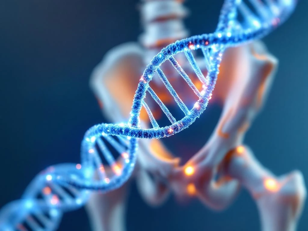 DNA-helix en anatomisch model van heupgewricht met osteoartritis, medische visualisatie genetica en gewrichtsgezondheid