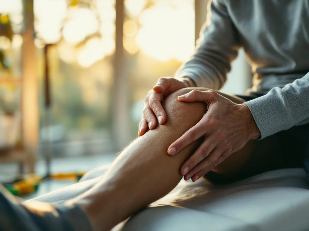 Persoon masseert knie op fysiotherapietafel met glimlach van opluchting, medische apparatuur op achtergrond