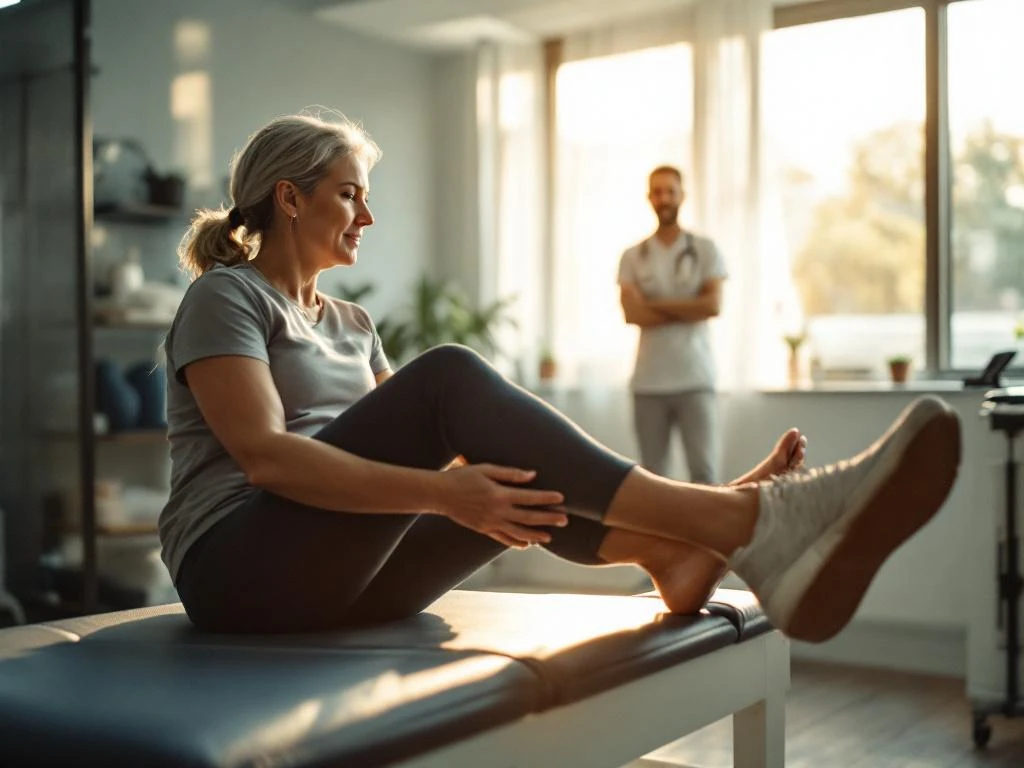Patiënt voert knie-extensie oefening uit op fysiotherapietafel onder begeleiding van therapeut in lichte behandelkamer