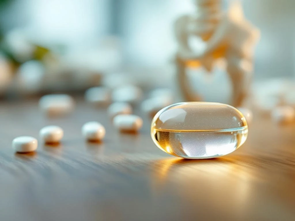 Transparante glucosamine capsule op houten ondergrond met vaag heupgewricht model op achtergrond voor artrose behandeling
