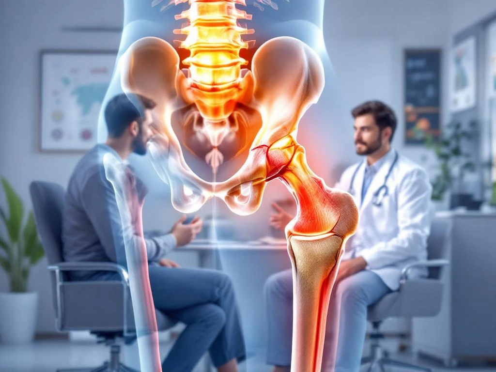 Patiënt in gesprek met arts over artrose heupgewricht met anatomische illustratie van kraakbeenbeschadiging