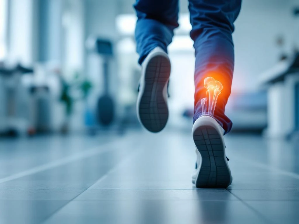 Persoon met heup artrose loopt in fysiotherapie kliniek, anatomische overlay toont aangedaan gewricht