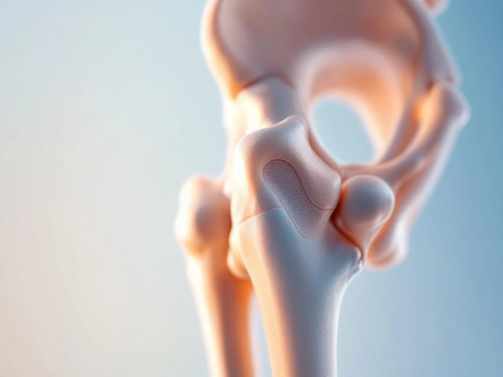 Anatomisch model van menselijk heupgewricht met kraakbeen en bot-wit oppervlak op blauwe achtergrond