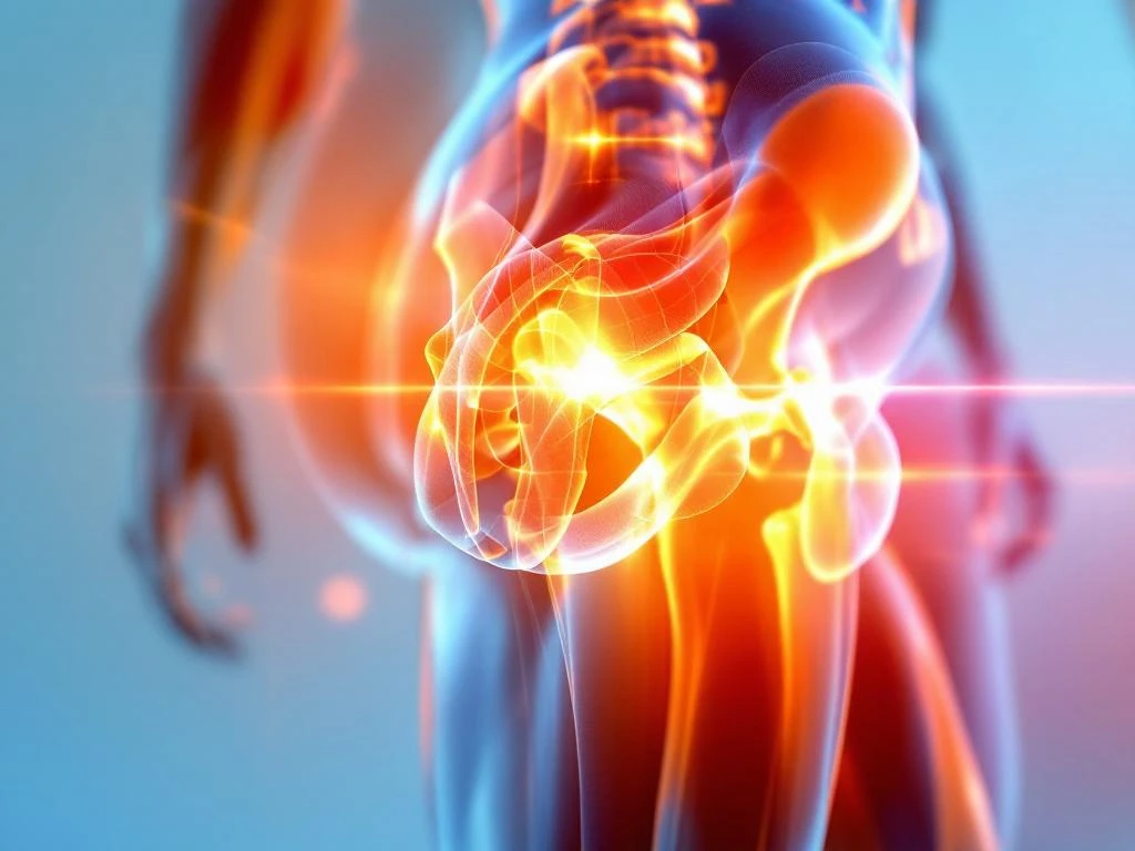 Anatomische weergave van heupgewricht in beweging met spieren en botstructuur tijdens training