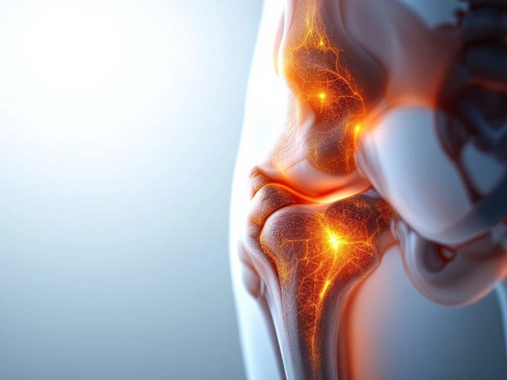 Dwarsdoorsnede menselijk heupgewricht met kraakbeenschade en ontstekingsverschijnselen in medisch-anatomische weergave