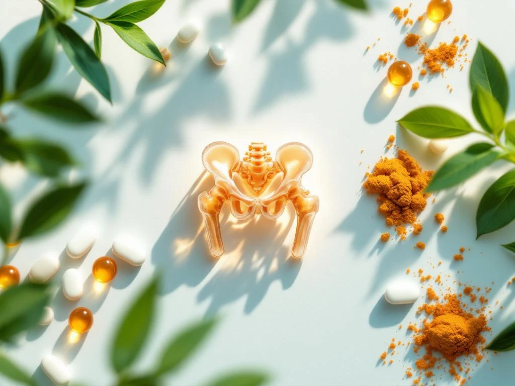 Anatomisch heupgewricht model omringd door supplementen, omega-3 capsules en kurkuma tabletten op witte ondergrond