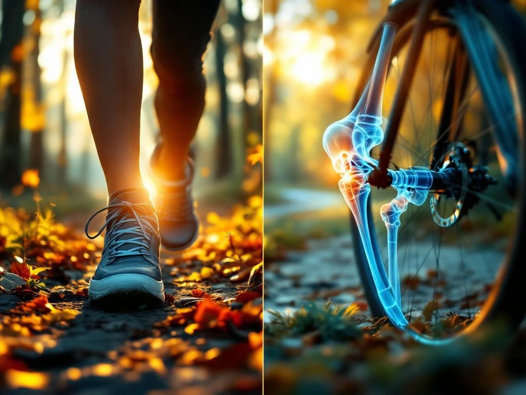 Anatomische illustratie van gezonde heupgewrichten tijdens wandelen en fietsen met doorschijnende botstructuur