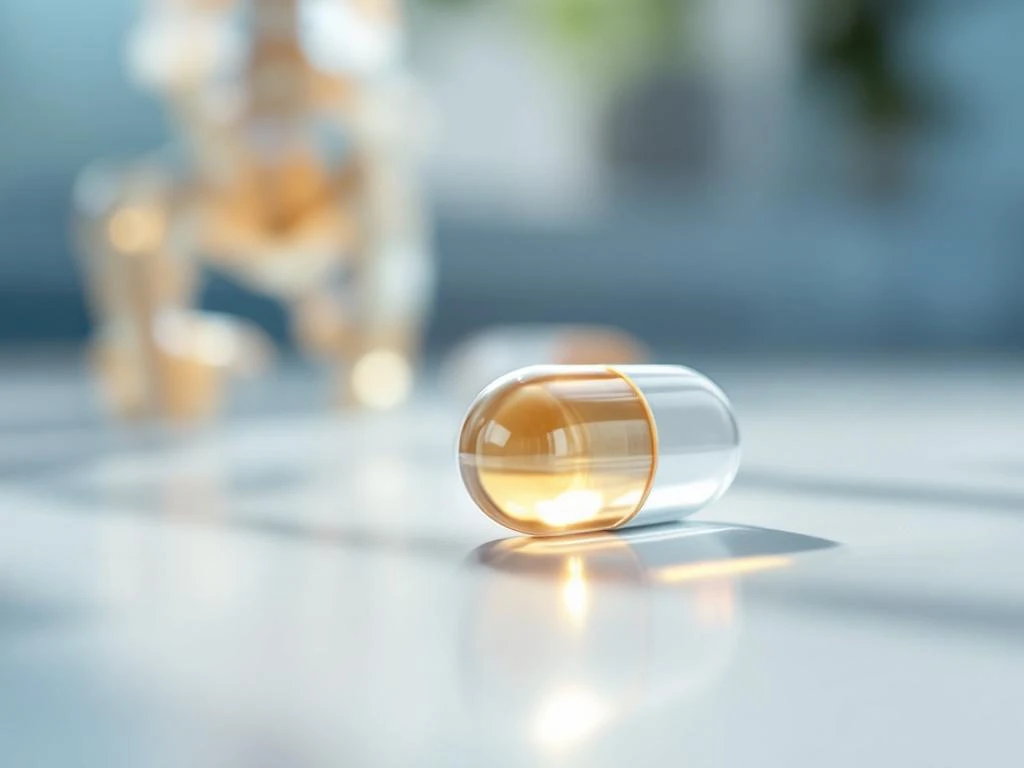 Transparante medicijncapsule op wit oppervlak met vaag heupgewricht model op achtergrond