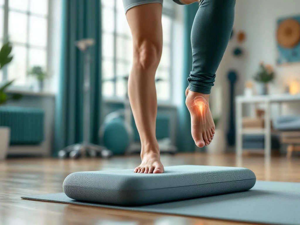 Persoon doet eenbenige balansoefening op balanskussen in fysiotherapieruimte met natuurlijk licht