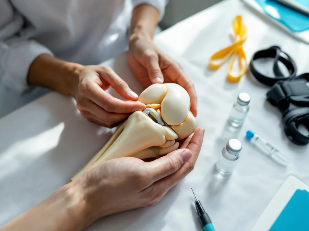 Handen onderzoeken kniegewricht model met niet-chirurgische behandelopties zoals brace en fysiotherapie hulpmiddelen