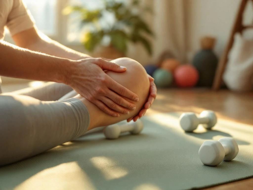 Persoon masseert voorzichtig knie op yogamat in therapeutische setting met zachte natuurlijke verlichting