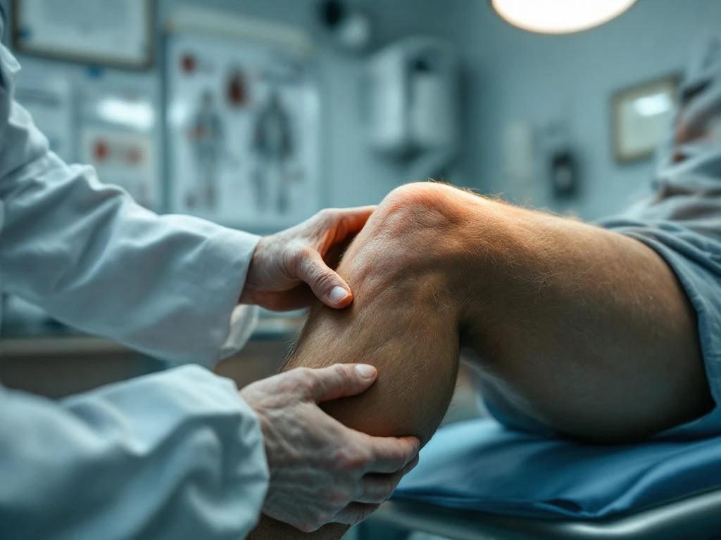 Dokter onderzoekt knie van oudere patiënt tijdens medisch consult in professionele behandelkamer