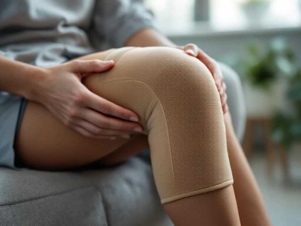 Persoon past beige compressie kniebrace aan met stabiliserende zijsteunen en ademende mesh panelen