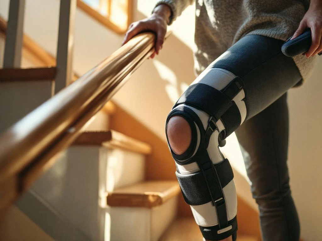 Persoon met kniebrace loopt voorzichtig houten trap op met leuning, houdt ergonomisch kussen vast in zonnig licht