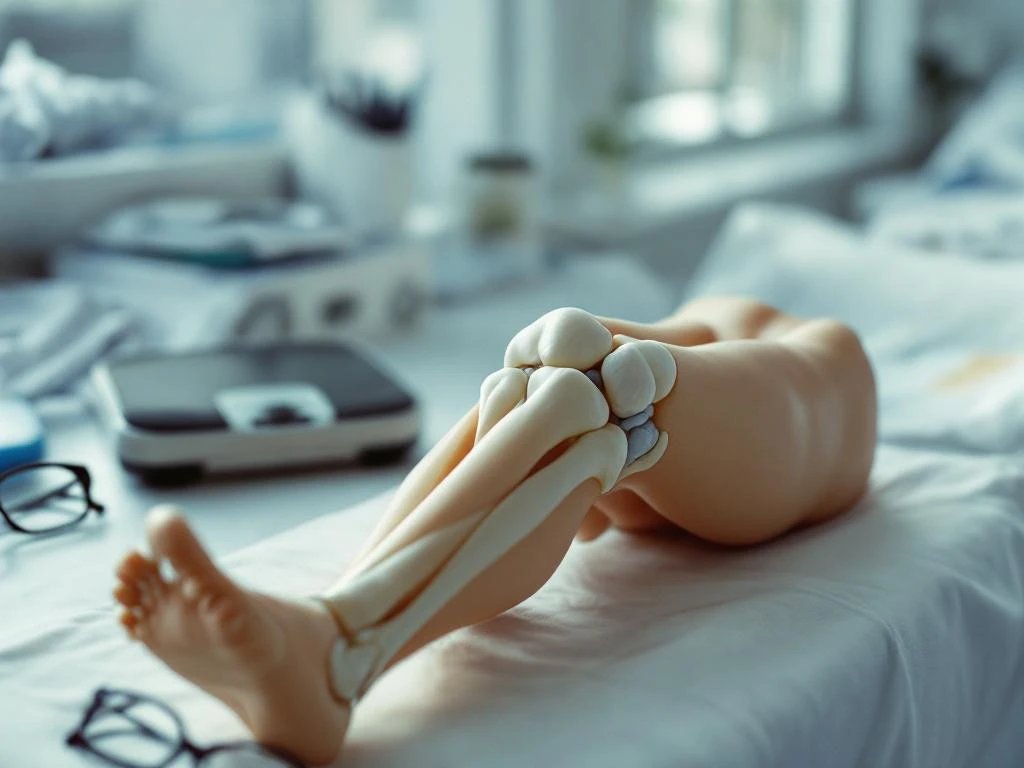 Anatomisch kniegewricht model op onderzoekstafel met loopschoen, weegschaal en leesbril in medische omgeving
