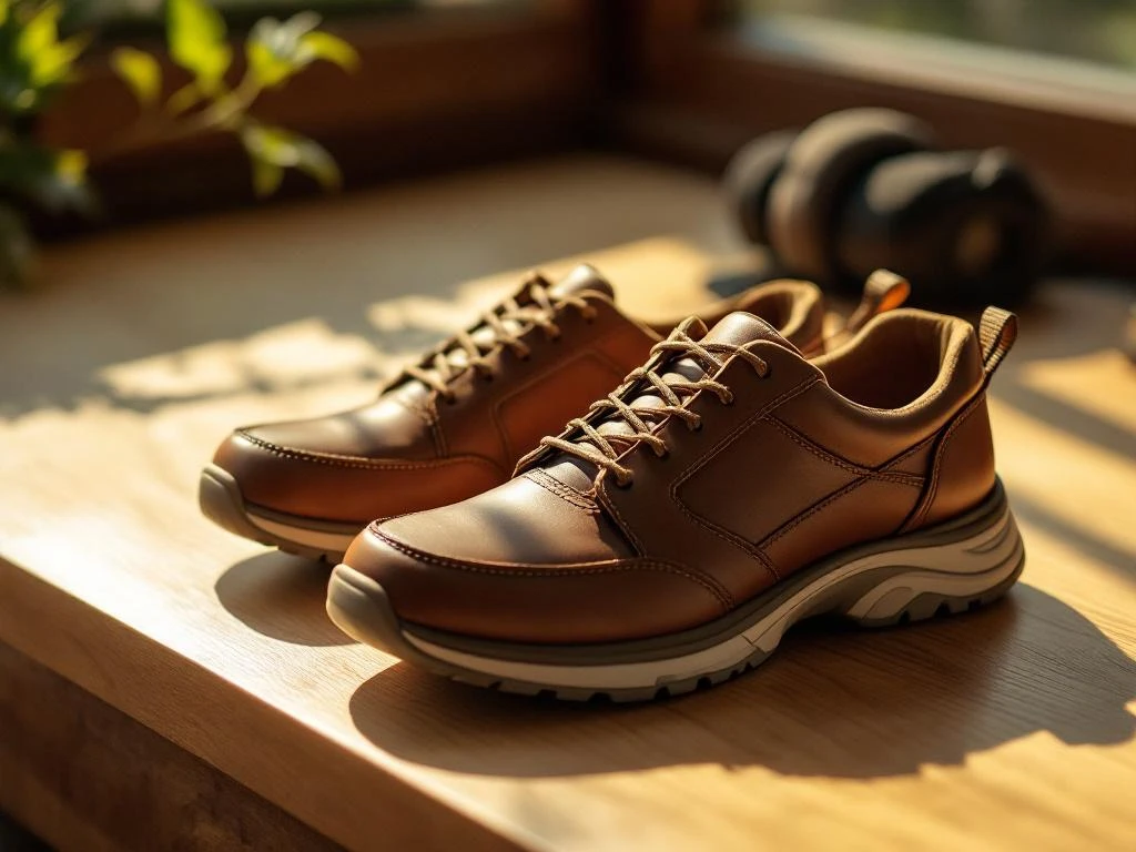 Orthopedische wandelschoenen met boogondersteuning en kniebrace op houten oppervlak in natuurlijk licht