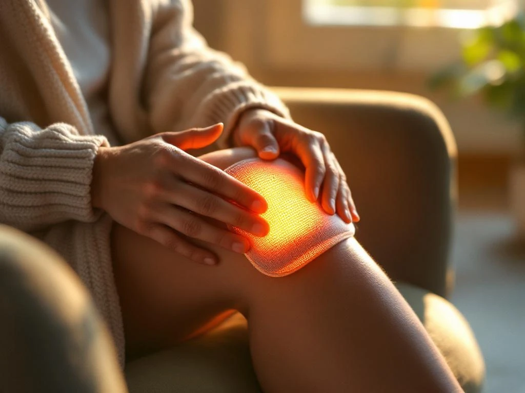 Persoon past therapeutische warmtekussen toe op knie terwijl zittend in comfortabele stoel in woonkamer