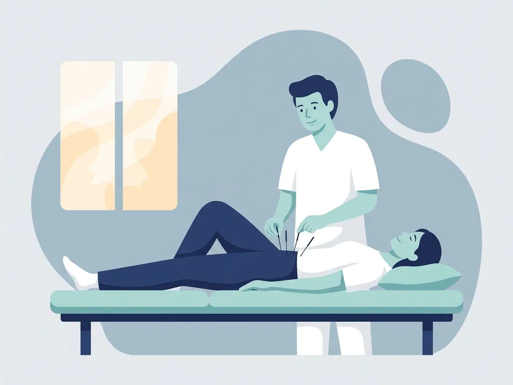 Healthcare professional in white clothing placing acupuncture needles along a patient's hip area in a calm, minimal clinic setting.