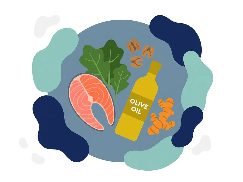 Flat lay of anti-inflammatory foods including salmon, dark leafy greens, walnuts, olive oil, and turmeric root on a blue-grey surface.