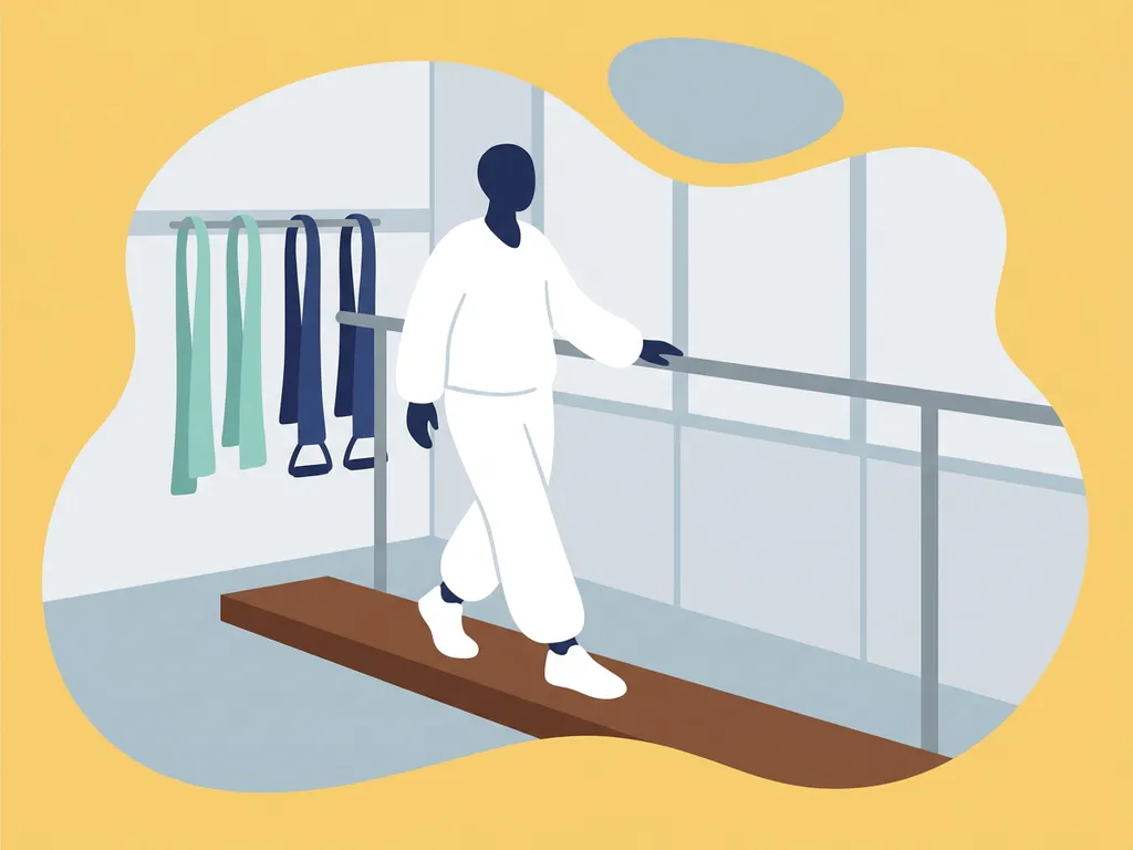 Person in white clothing walking a balance beam in a physiotherapy studio, steadying on a parallel rail with teal resistance bands nearby.