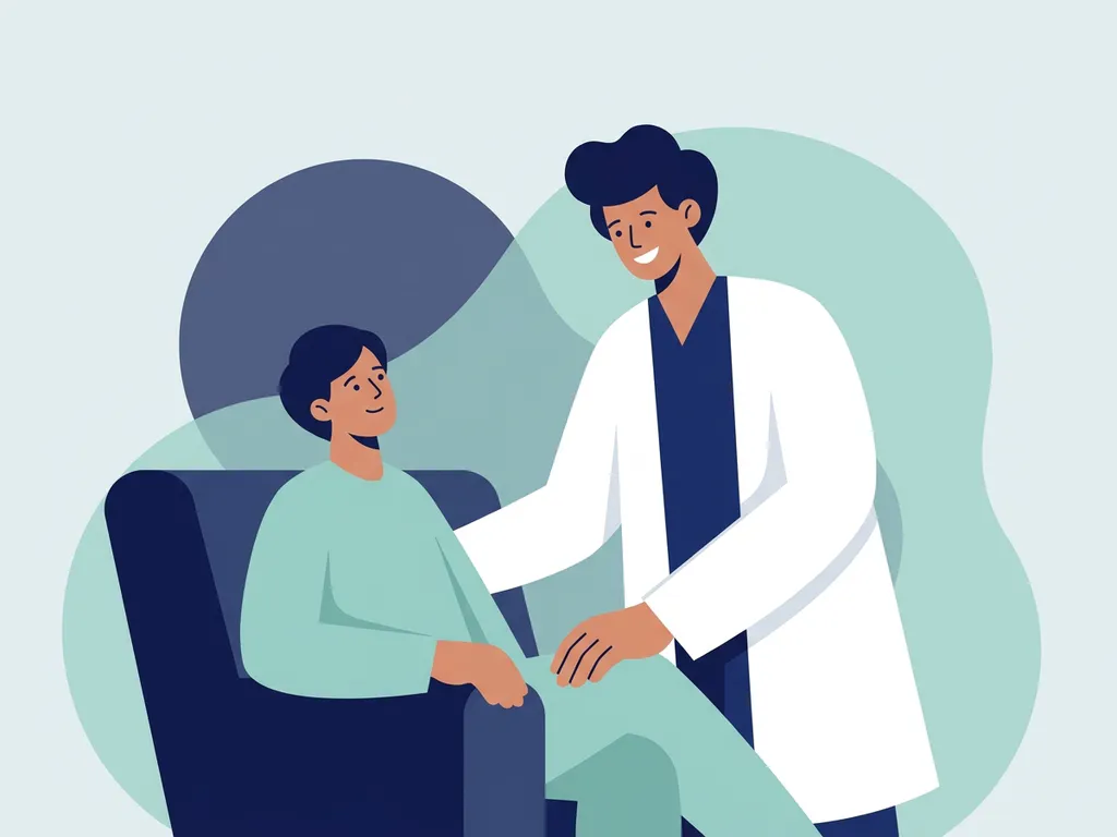 Healthcare professional in white coat offering reassuring hand on patient's knee in a calm clinic setting.