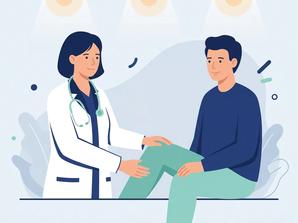 Healthcare professional in white coat placing reassuring hand on seated patient's knee in a calm clinical setting.