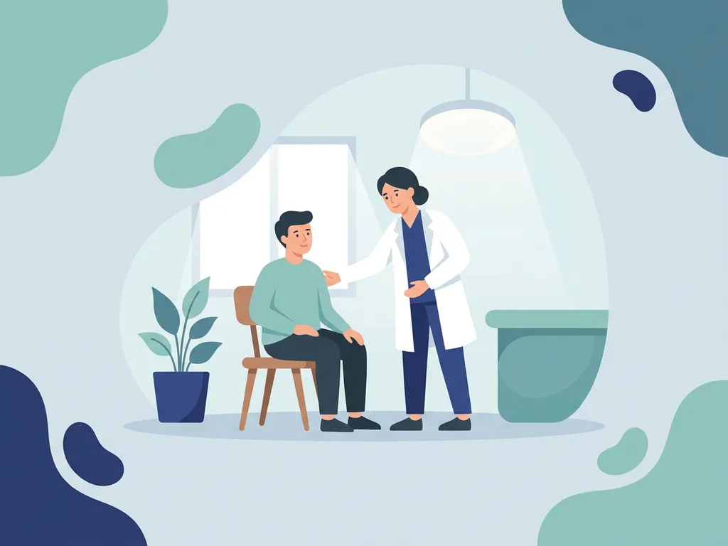 Healthcare professional in white coat offering reassuring touch to seated patient in a calm, minimal clinical setting.