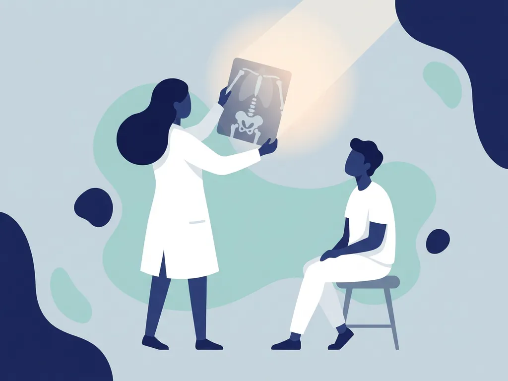 Doctor in white coat examining X-ray film held toward light, patient seated nearby, flat vector illustration in blue-grey tones.