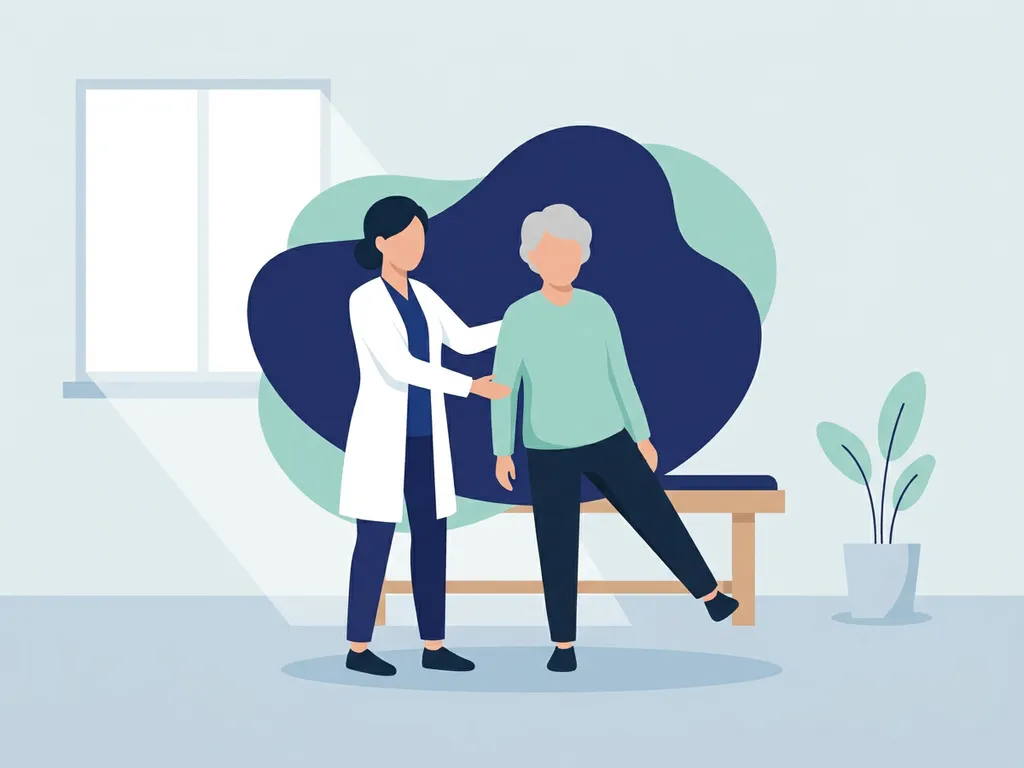 Physiotherapist in white coat guiding elderly patient through hip mobility exercise in a calm clinical room.