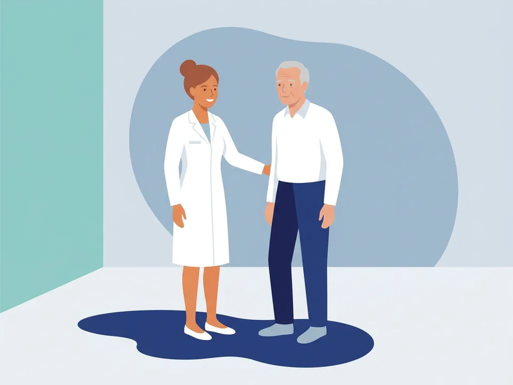 Healthcare professional in white coat placing a reassuring hand on an elderly patient's hip during a clinic consultation.