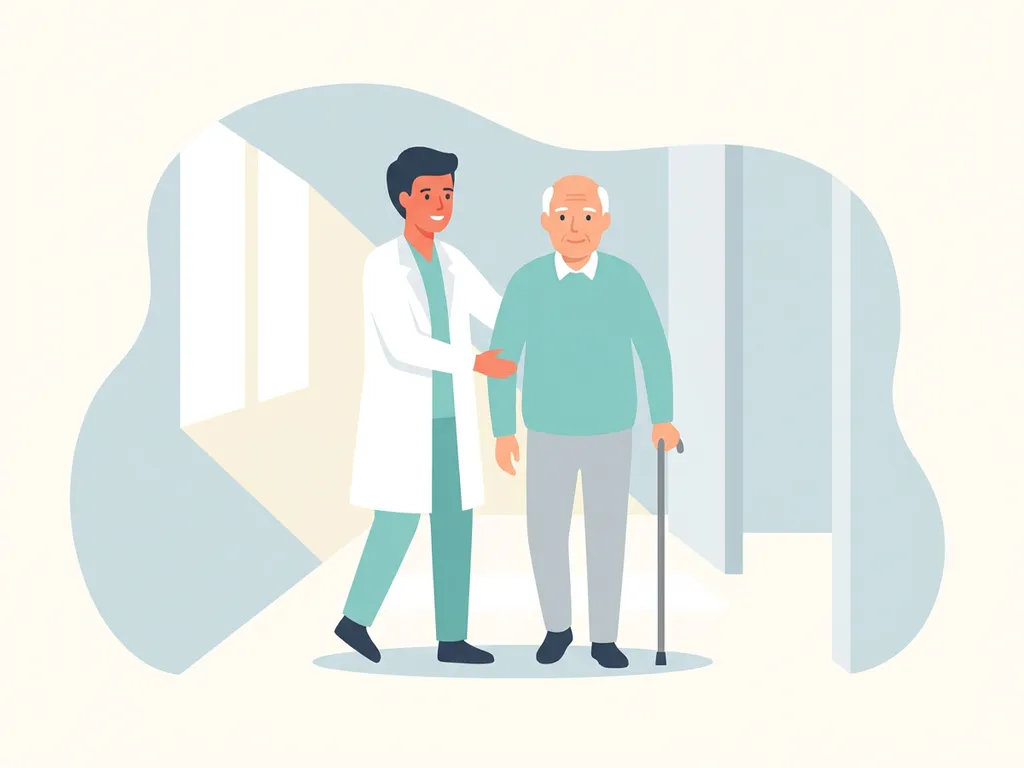 Physiotherapist in white coat helping elderly patient walk with cane in a bright modern clinic hallway.