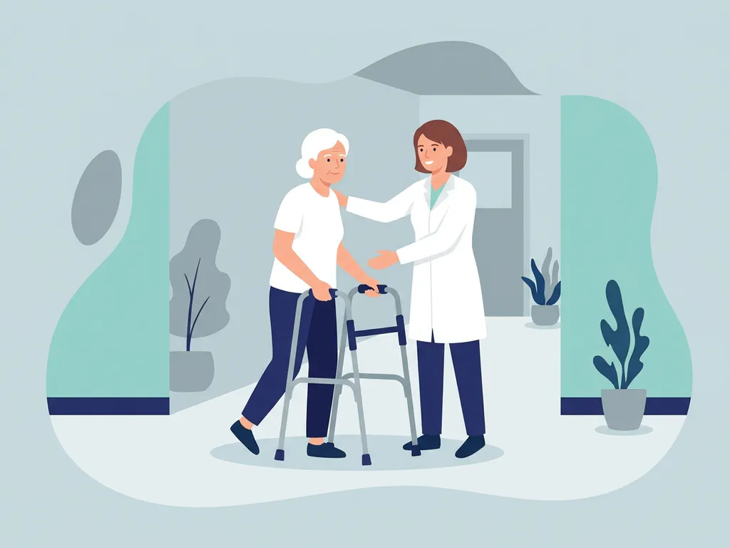 Physiotherapist in white coat guiding an elderly patient's first steps with a walking aid in a teal-accented clinical hallway.