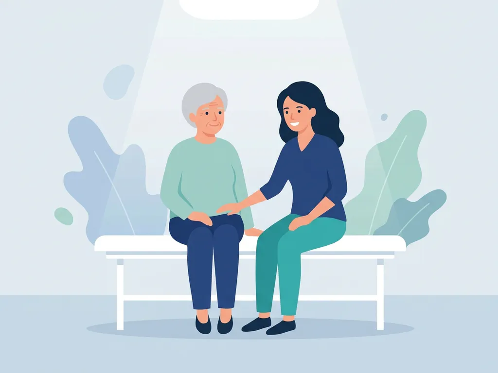 Elderly woman and adult daughter sitting together on a clinic bench, daughter's hand resting supportively on mother's hip in a warm healthcare setting.