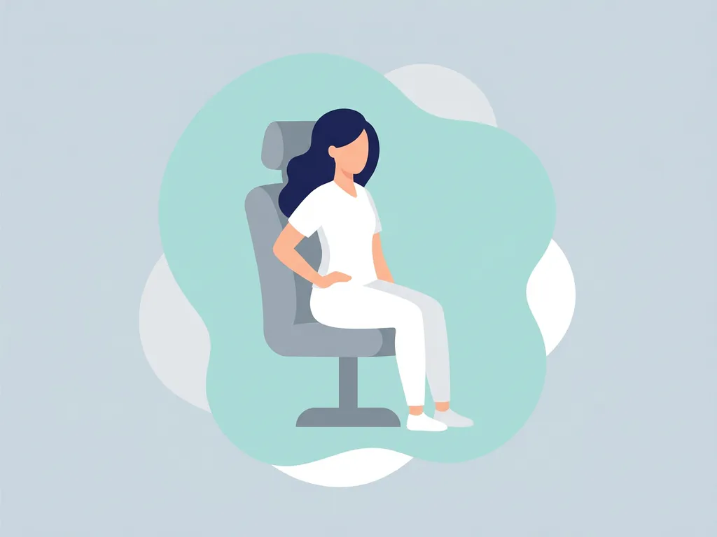 Person sitting comfortably in an ergonomic chair with relaxed posture, illustrated in a clean flat vector style with soft teal and navy tones.