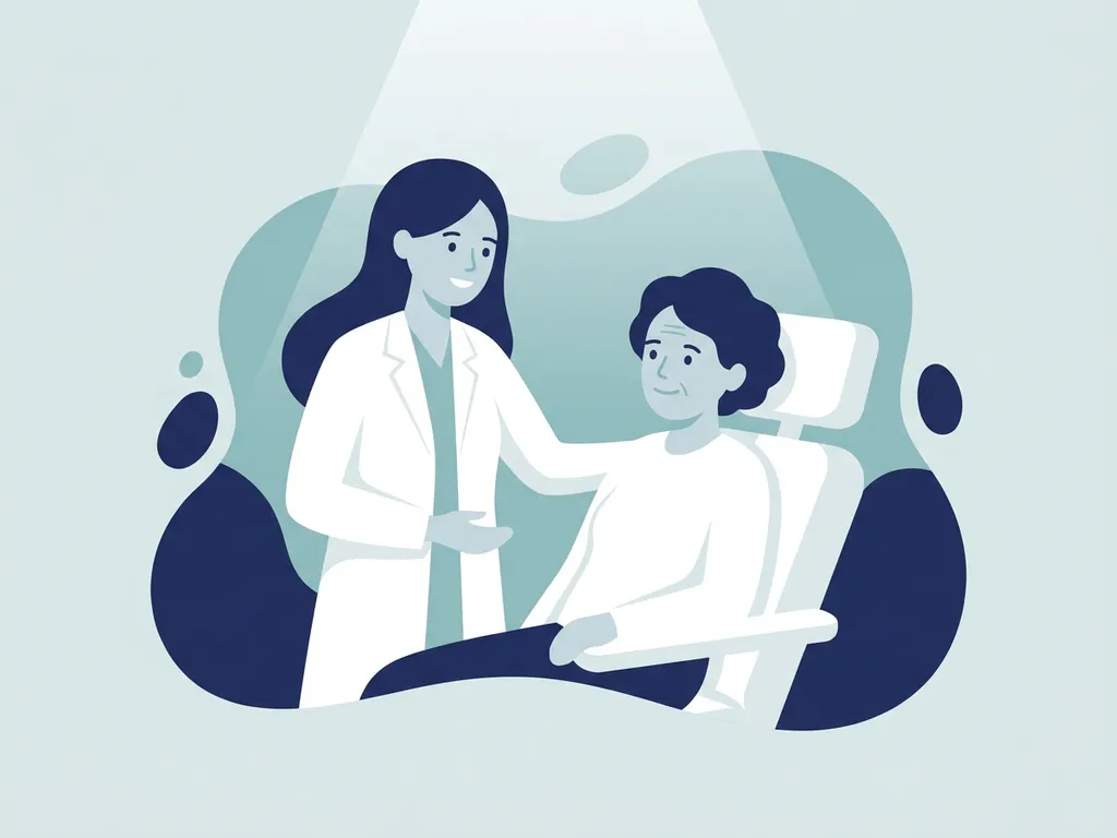 Healthcare professional in white coat offering reassuring hand on older adult patient's shoulder in a calm clinical setting.