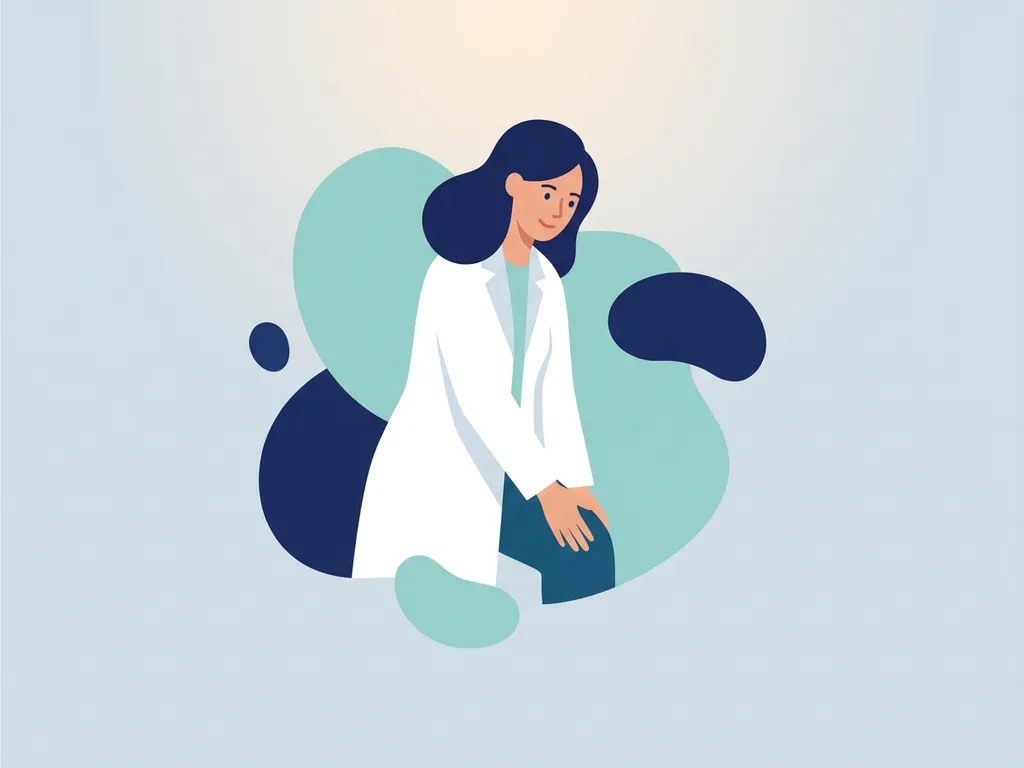 Healthcare professional in white coat touching their knee in a calm clinic setting with navy and teal flat vector illustration style.