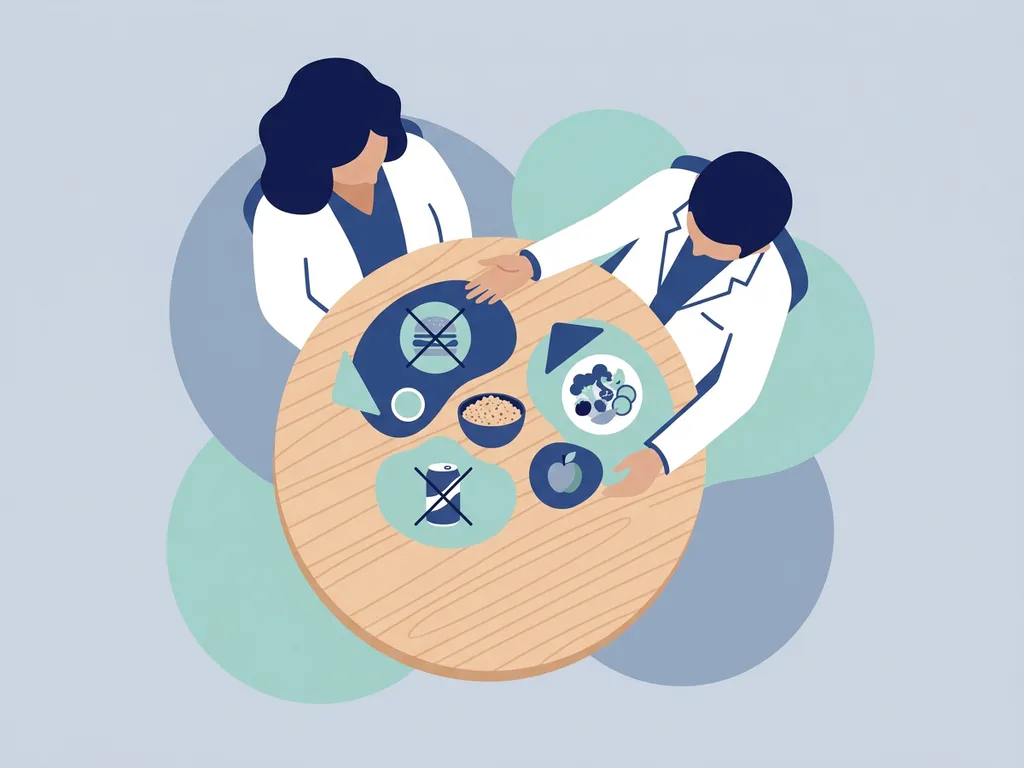 Healthcare professional in white coat gesturing toward a simple meal, with certain foods marked off, flat vector illustration in navy and teal.
