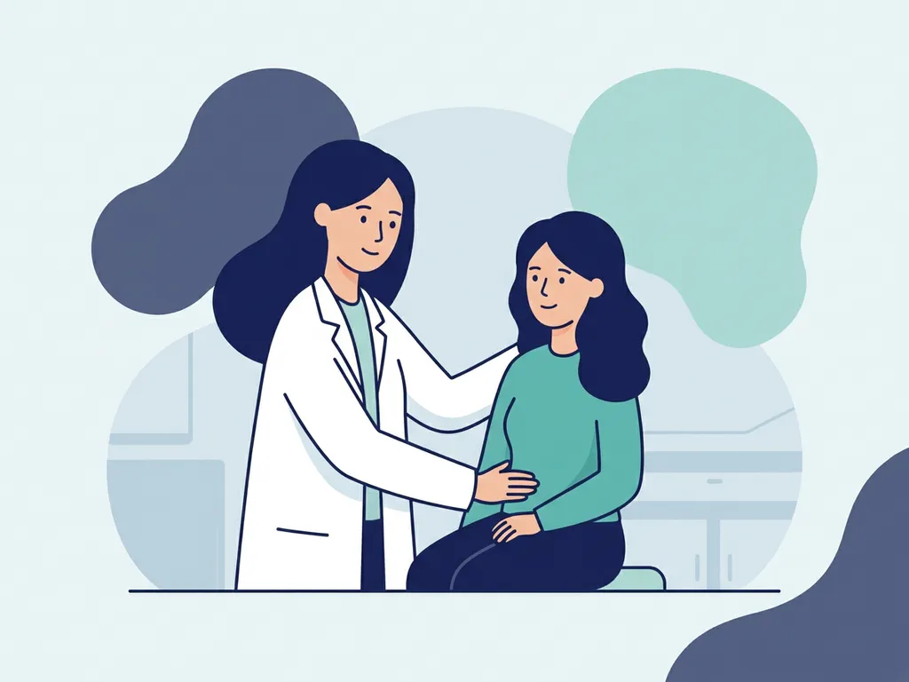 Healthcare professional in white coat offering reassuring touch to seated patient in a calm, minimalist clinical setting.