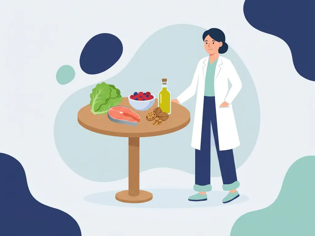Healthcare professional in white coat beside a table of anti-inflammatory foods including salmon, berries, walnuts, leafy greens, and olive oil.