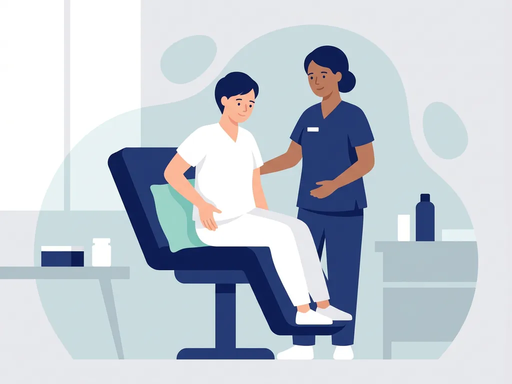 Patient in white clothing holding hip area while seated, consulting with a healthcare professional in a calm clinical room.