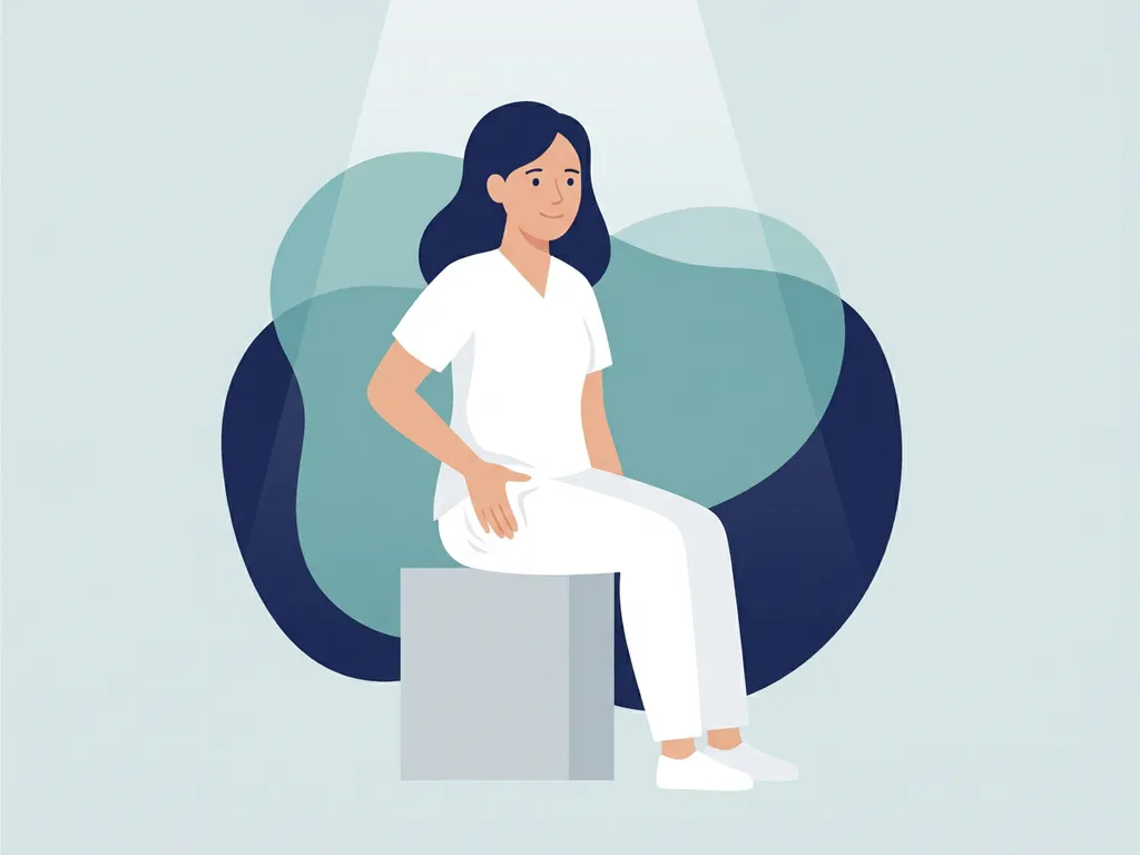 Healthcare professional in white uniform touching outer hip area, seated against soft teal background in flat vector illustration style.