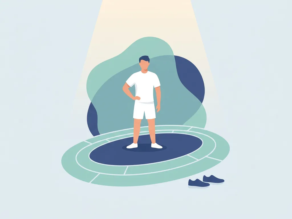 Fit adult in white athletic wear holding their hip on a running track with shoes nearby, illustrating hip pain in runners.
