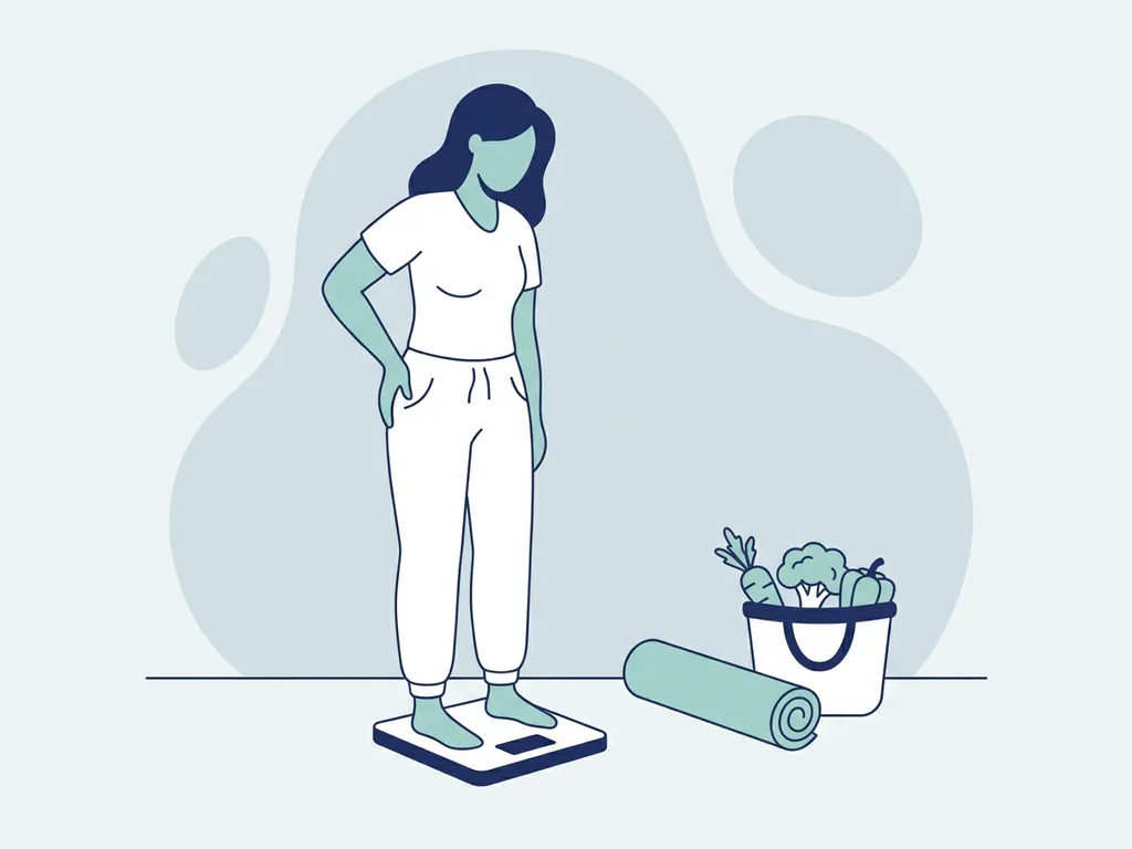 Person standing on a scale while holding their hip, with a teal yoga mat and fresh vegetables nearby, suggesting weight and joint health management.