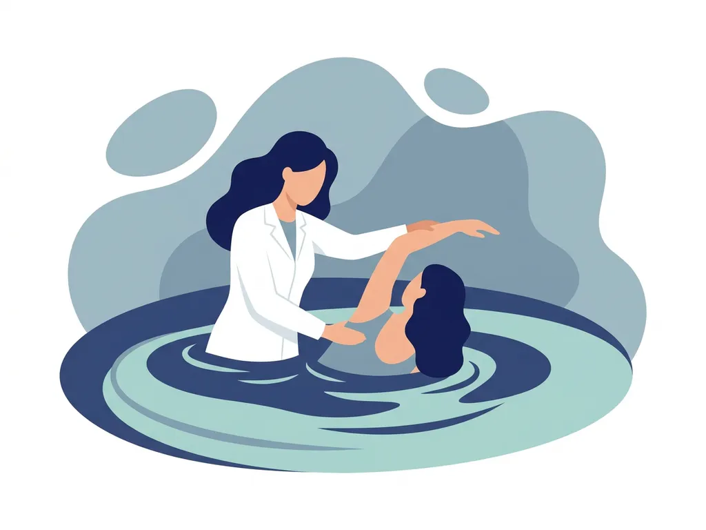 Physiotherapist in white coat guiding patient through hydrotherapy pool exercises, soft teal water, flat vector illustration style.