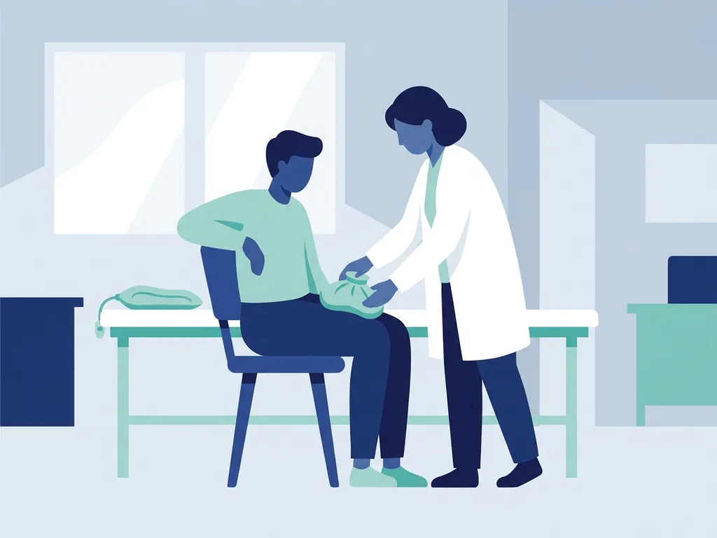 Healthcare professional applying ice pack to patient's hip in a calm physiotherapy room with a heating pad on the nearby table.