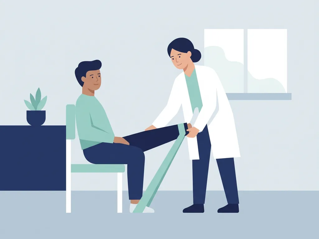 Physiotherapist in white coat guiding patient through knee rehabilitation exercise using a teal resistance band in a modern clinical room.