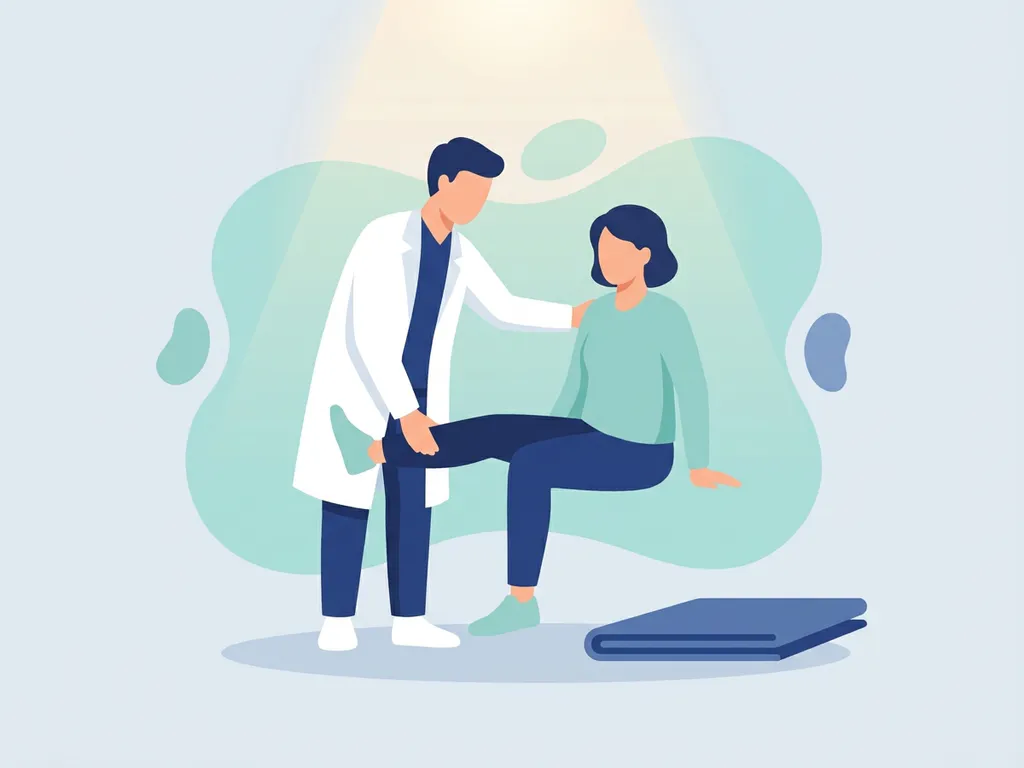 Physiotherapist in white coat guiding seated patient through knee rehabilitation exercise on a teal-accented exercise mat.