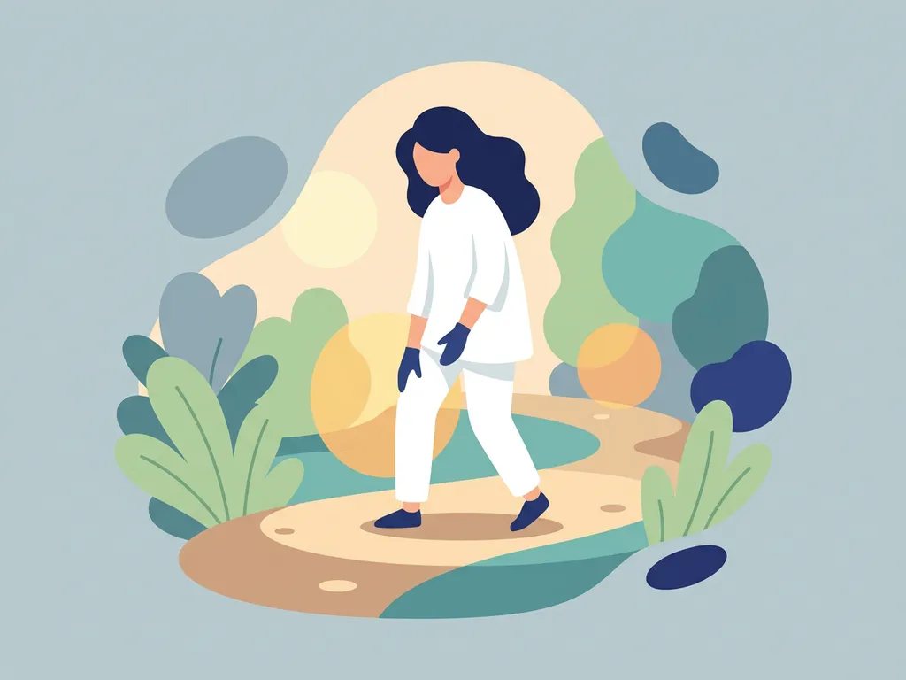 Person in white clothing walking along a sunlit park path, hand on knee, surrounded by green foliage in a clean physiotherapy illustration style.