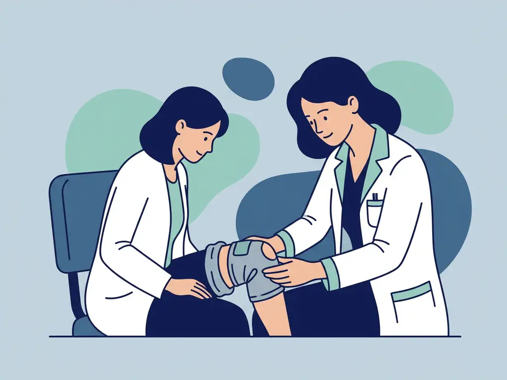 Physiotherapist in white coat adjusting a knee brace on a seated patient, flat vector illustration with navy and teal accents.